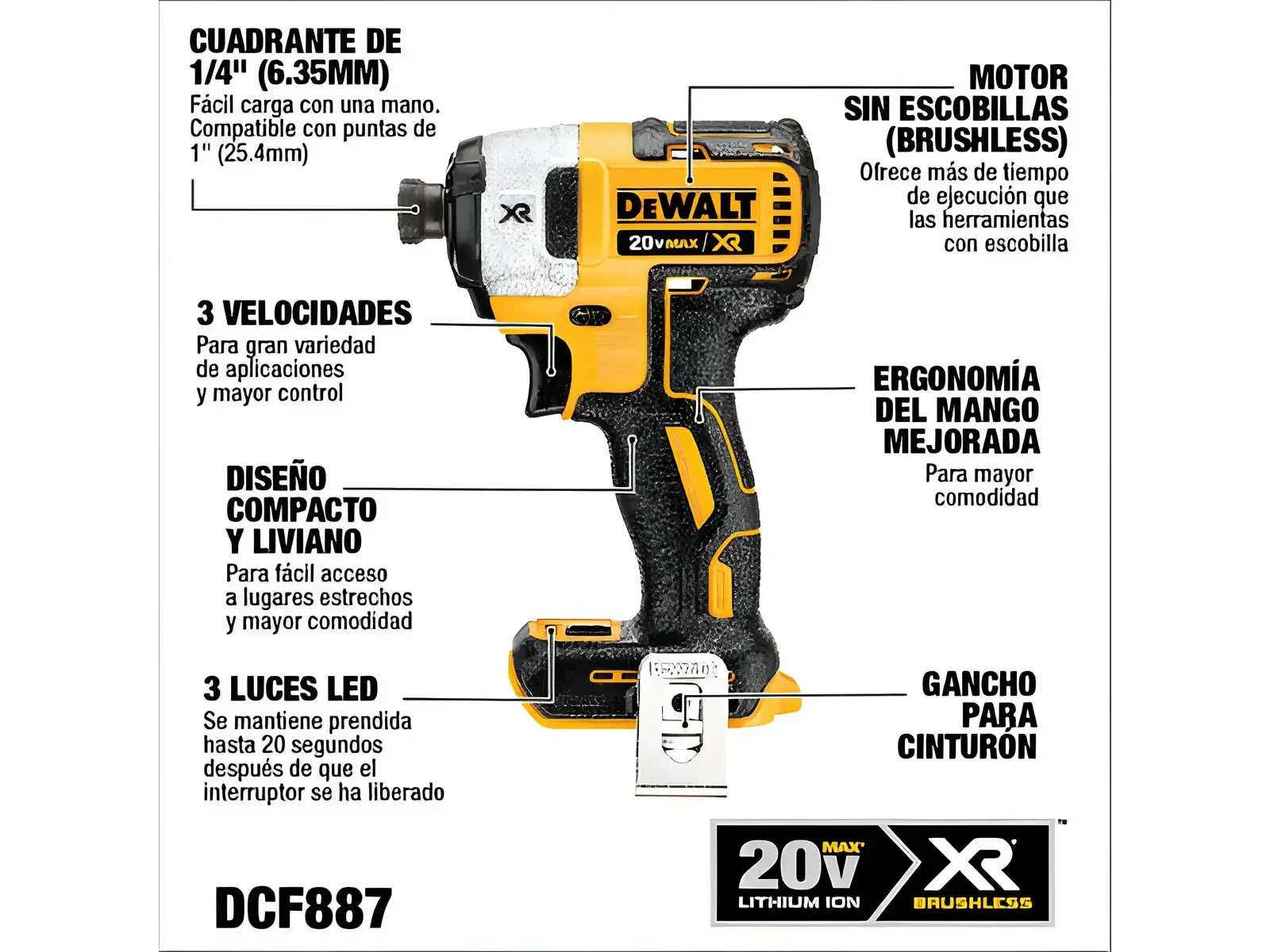 Foto 2 de Atornillador De Impacto Xr 20v Dewalt Dcf887b Sin Baterias