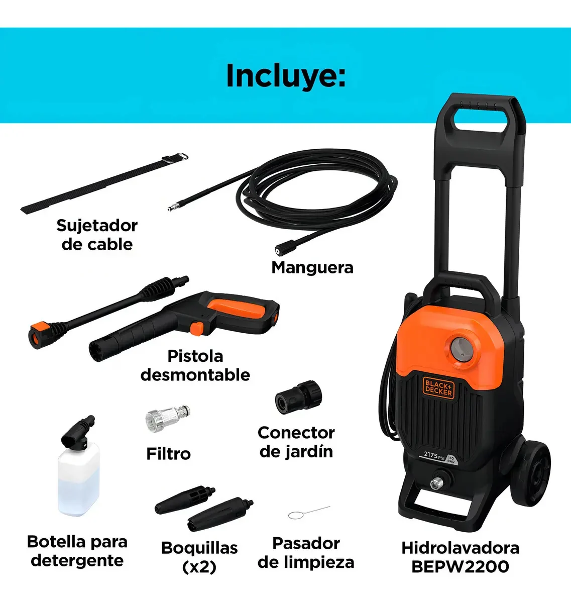 Foto 2 de Hidrolavadora Alta Presión 2175PSI BLACK+DECKER BEPW2200-B2C