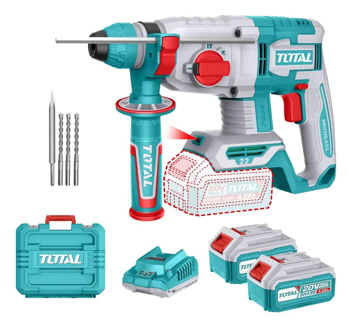 Rotomartillo Inalámbrico Total 20v, Industrial - Motor Brushless, Sin Carbones - 2 J, Encastre Sds Plus - Con 2 Baterías 4.0ah Litio-ion, Cargador Y Maletín - Trhli212282