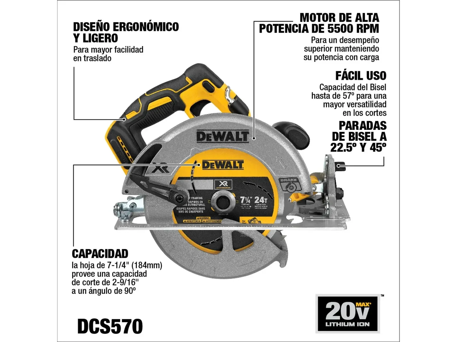 Foto 2 de Sierra circular eléctrica inalámbrica DeWalt DCS570B 184mm 900W amarilla