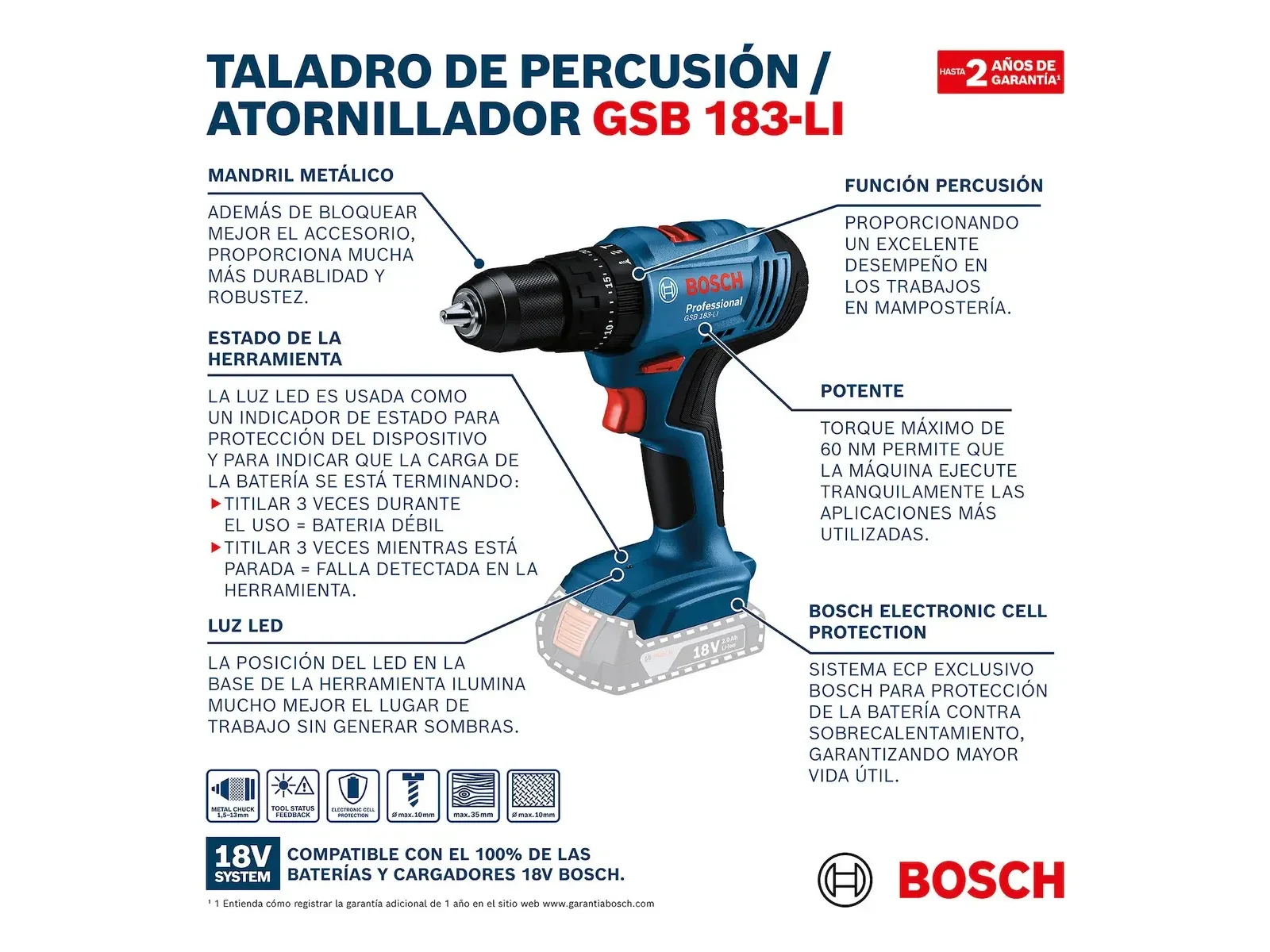 Foto 4 de Taladro Percutor Atornillador Bosch Gsb 183-li 2bat+mal Color Azul Frecuencia 24000