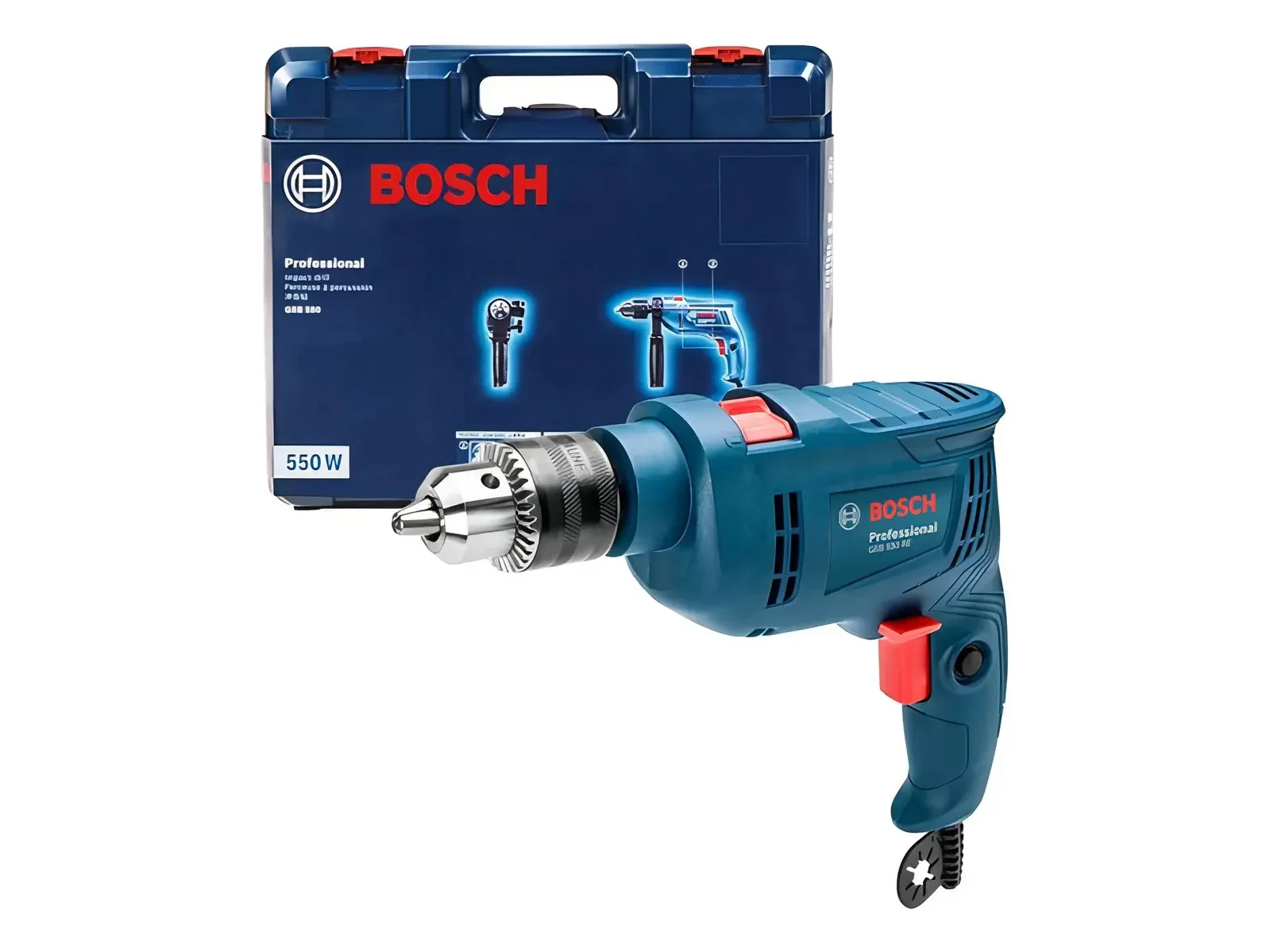 Taladro percutor eléctrico de 13mm Bosch GSB 550 550W + accesorio con maletín de transporte
