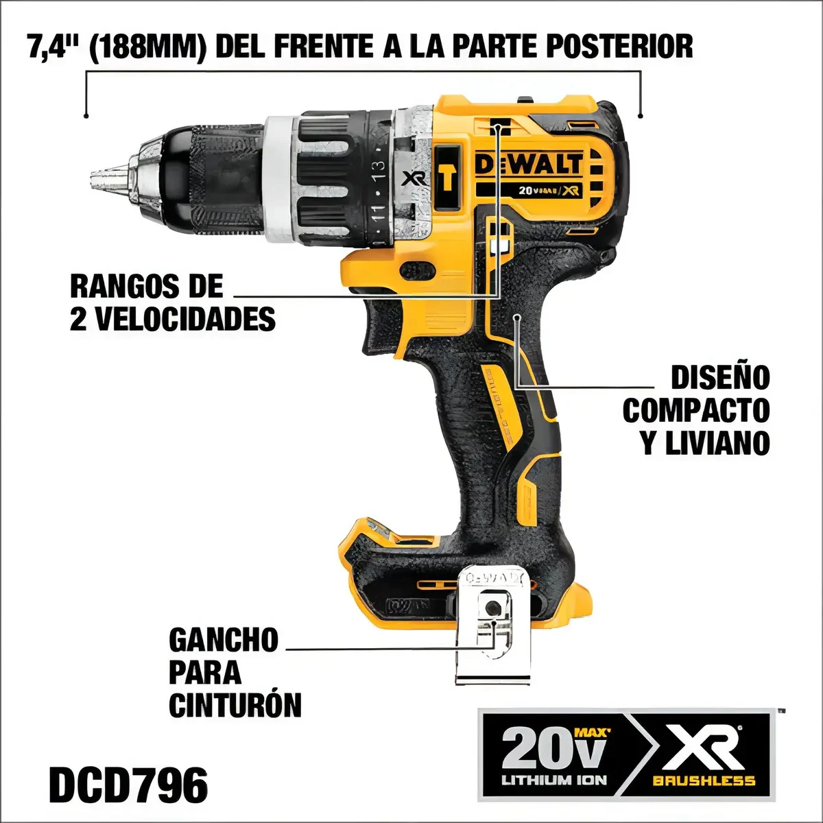 Foto 5 de Taladro Percutor Inalambrico Dewalt Bateria 5ah Dcd796p1 Frecuencia 30 Color Amarillo